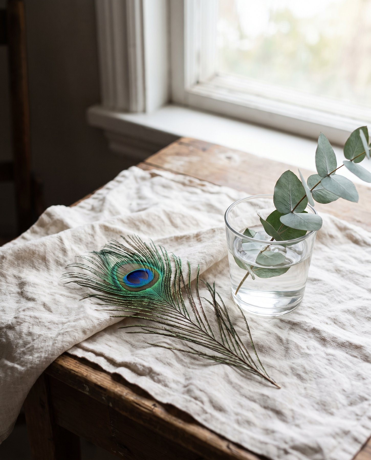 A peacock feather on linen
