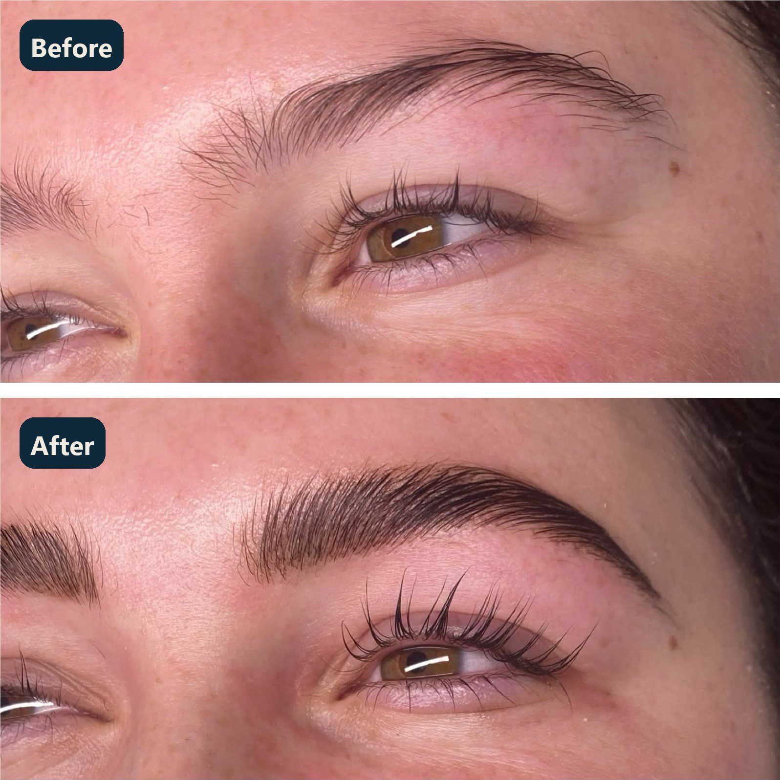 A lash lift and brow lamination on a Soul Beauty guest: before on top, after below