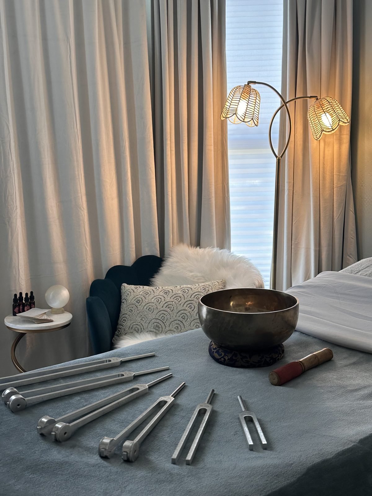Crystal singing bowls and tuning forks set for a session