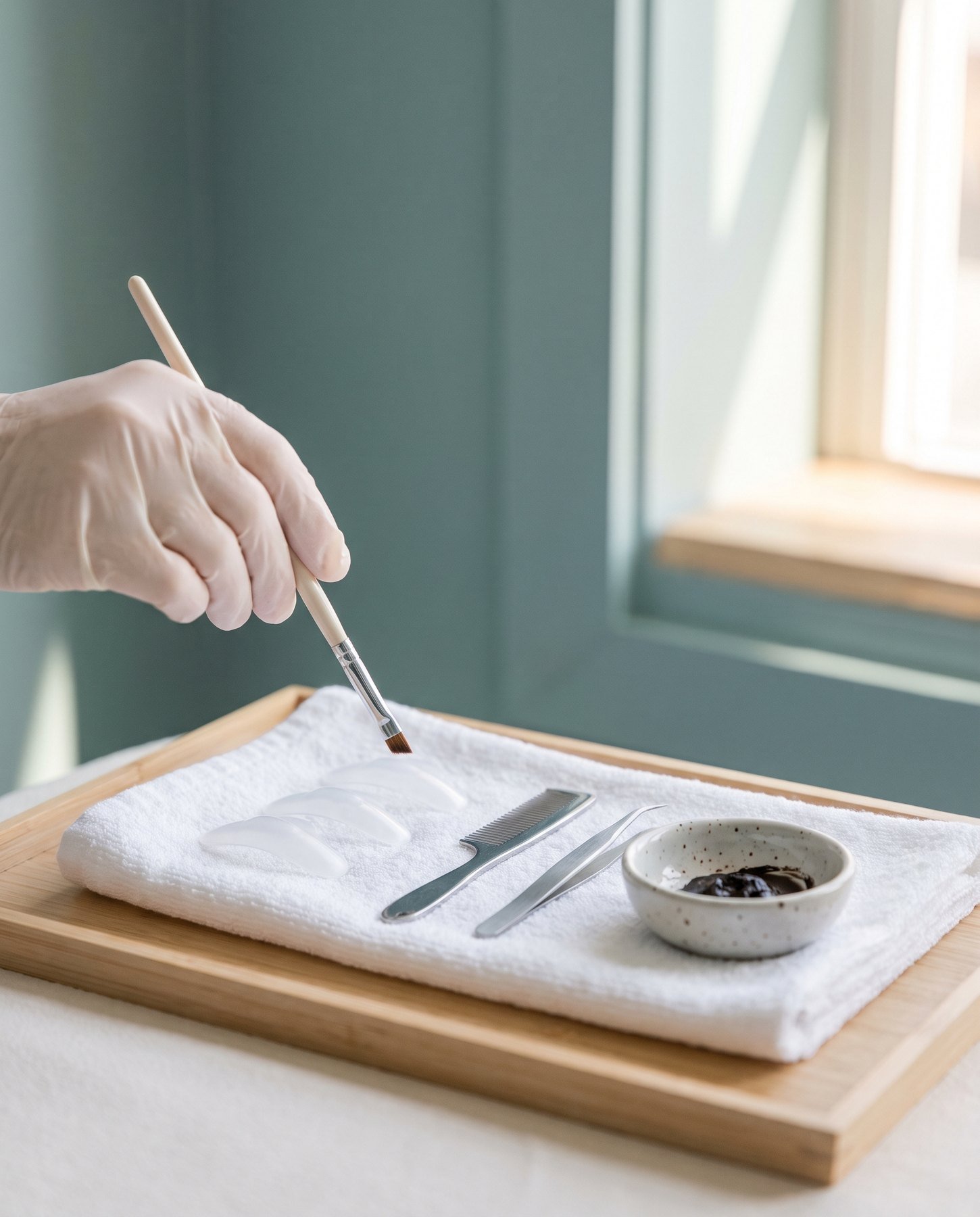 A lash and brow station set out: silicone lash lift shields, a lash comb, tweezers and a bowl of brow tint on a folded white towel