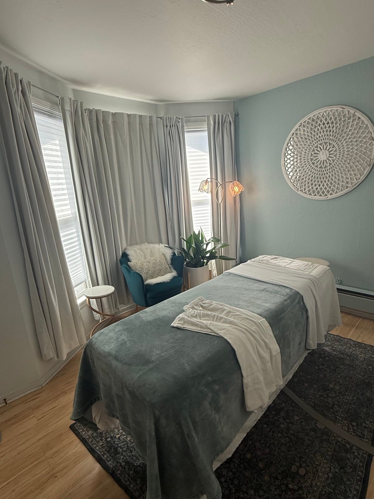 A treatment room, blue walls and morning light